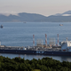 An aerial view shows the Vladimir Arsenyev tanker at the crude oil terminal Kozmino on the shore of Nakhodka Bay near the port city of Nakhodka, Russia.